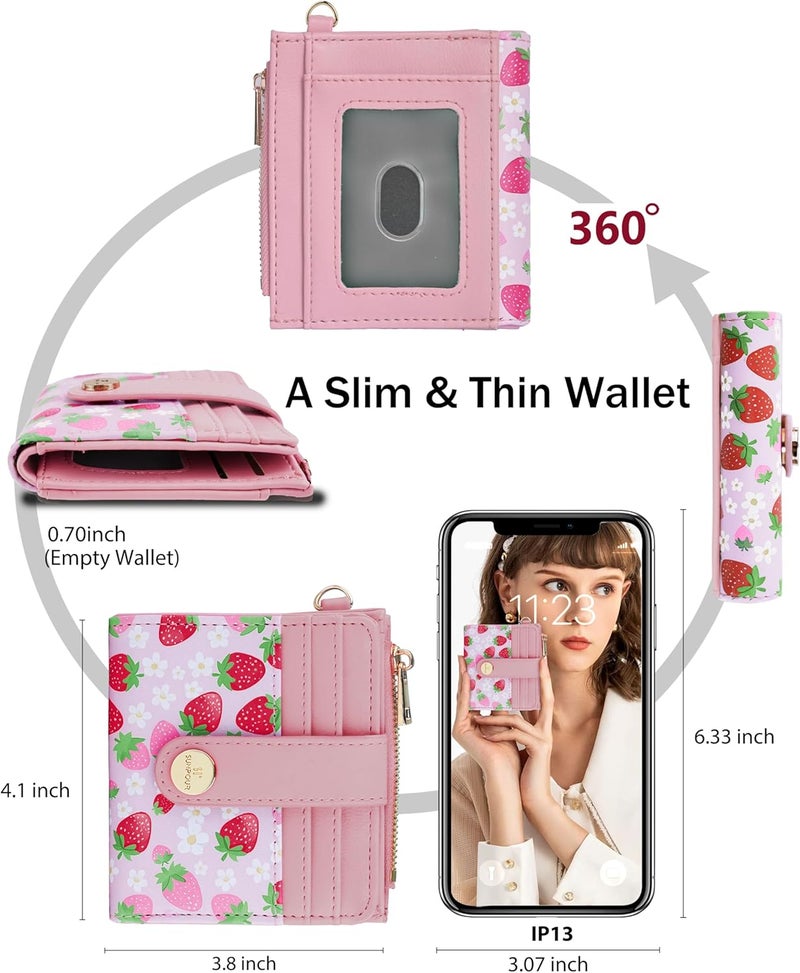 Sunpour Small Wristlet Wallets for Women Keychain Wristlet Wallet RFID Blocking Key Chain Wallet With Zipper Coin Pocket,2 Id Window (Strawberry) - Image 3